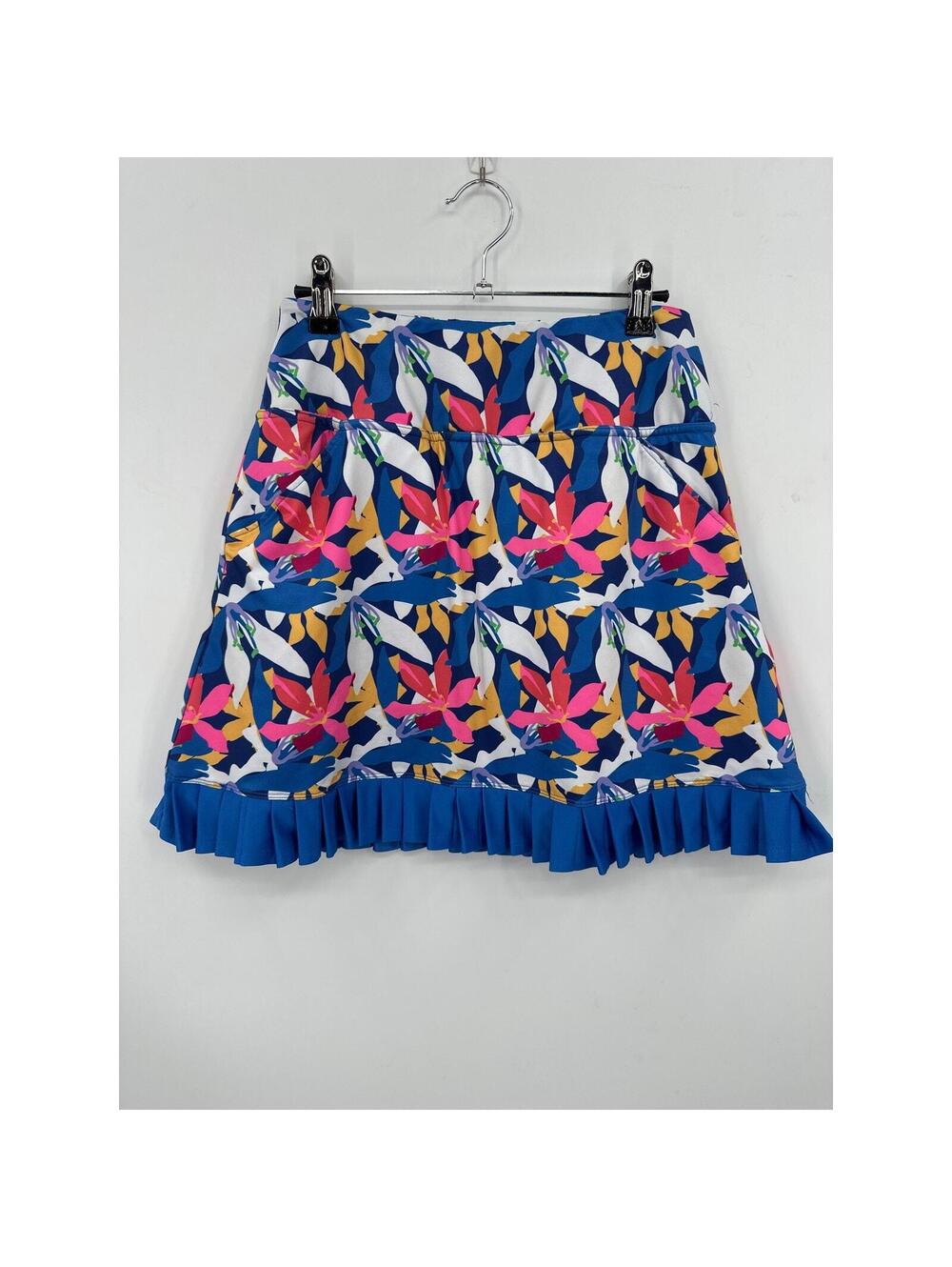 Birdies & Bows Pleated Hemline Gold Skort Blue Floral UPF 30+ Size Small